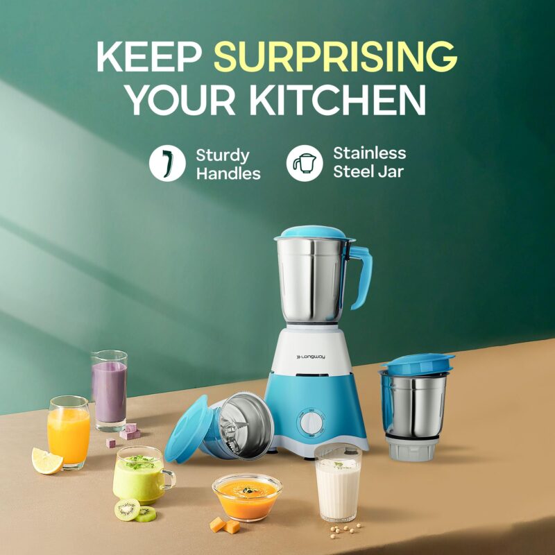 Longway Super Dlx 700 Watt Mixer Grinder with 3 Jars for Grinding, Mixing with Powerful Motor | 1 Year Warranty | (Blue & White, 3 Jars) - Image 6