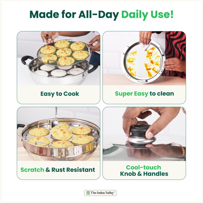 The Indus Valley Stainless Steel Idli Maker/Momo Maker/Multi Kadai/Steamer Set | Large, 5 Plates, 2 Idli | 2 Dhokla | 1 Steamer | 29cm/11.3 inch, 4.2Ltr, 2.5kg | 3-Layer Thick Bottom | Induction friendly - Image 3