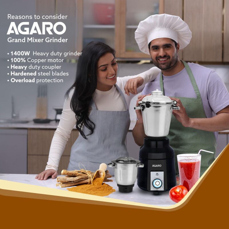 AGARO Grand Commercial Mixer Grinder 1400W, Heavy Duty, 100% Pure Copper Motor, Stainless Steel Jar, 3 Speed with Incher, Stainless Steel Blades, Wet & Dry Grinding, Black & Grey - Image 6