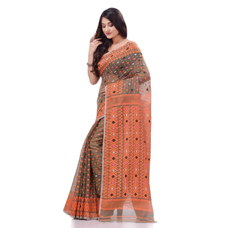 dB DESH BIDESH Women`s Jamdani Sarees For Women Cotton Silk saree Hirokduti Design Cotton Sarees Dhakai Jamdani Sarees For Women Handloom Sarees Without Blouse Piece (Grey Orange) - Image 4