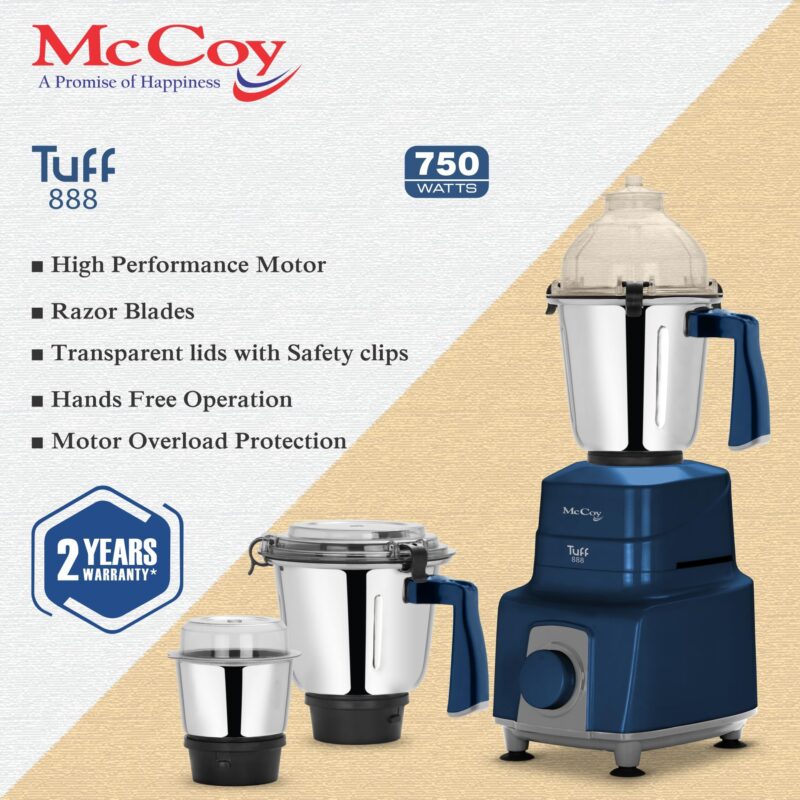 McCoy Mixer Grinder | Tuff 888 750W with 3 SS jars | Longer life Universal Hybrid Motor | ABS Body | Uniform Grinding | Blue - Image 3
