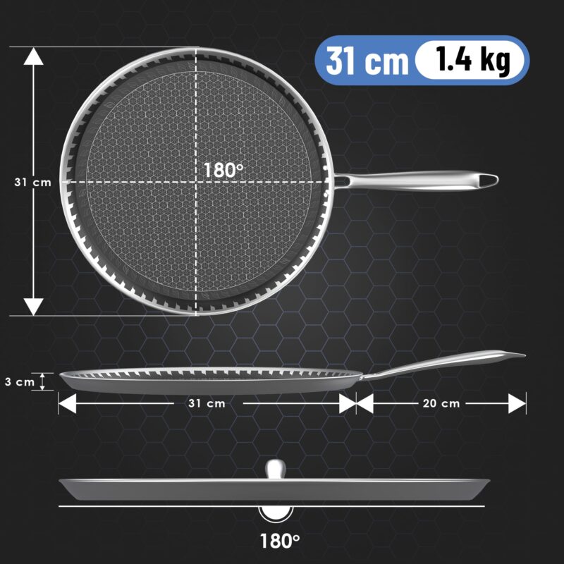 Esspy Hybrid 31cm Triply Dosa Tawa, Stainless Steel Tawa for Dosa, Non Stick Tawa for Roti/Chapati/Paratha, Metal Spatula Friendly, 4.0 mm Thick, Honeycomb Pattern, Riveted Handle, Food Safe - Image 9