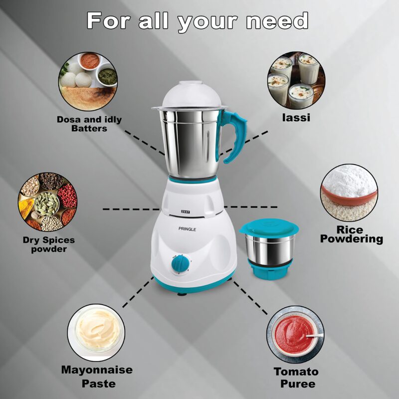Pringle 550Watt Mixer Grinder with 2 Leak Proof Stainless Steel Jars| 30 Min Motor Rating| Robust Nylon Coupler | Overload Protection| ISI Certified| 2 Year Warranty - Image 2