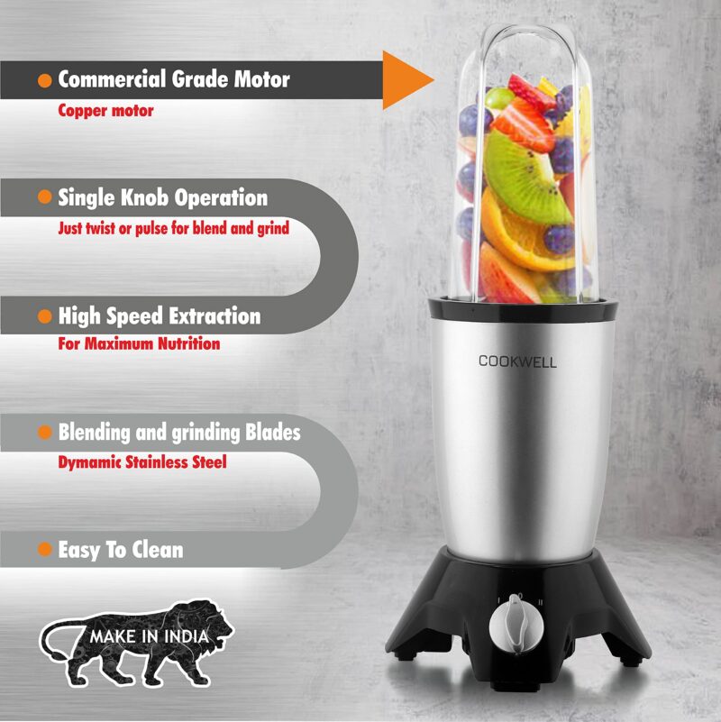 Cookwell Bullet Mixer Grinder (3 Jar, 2 Blade, Silver) - Copper, 600 Watts - 2 Year Warranty - Image 3