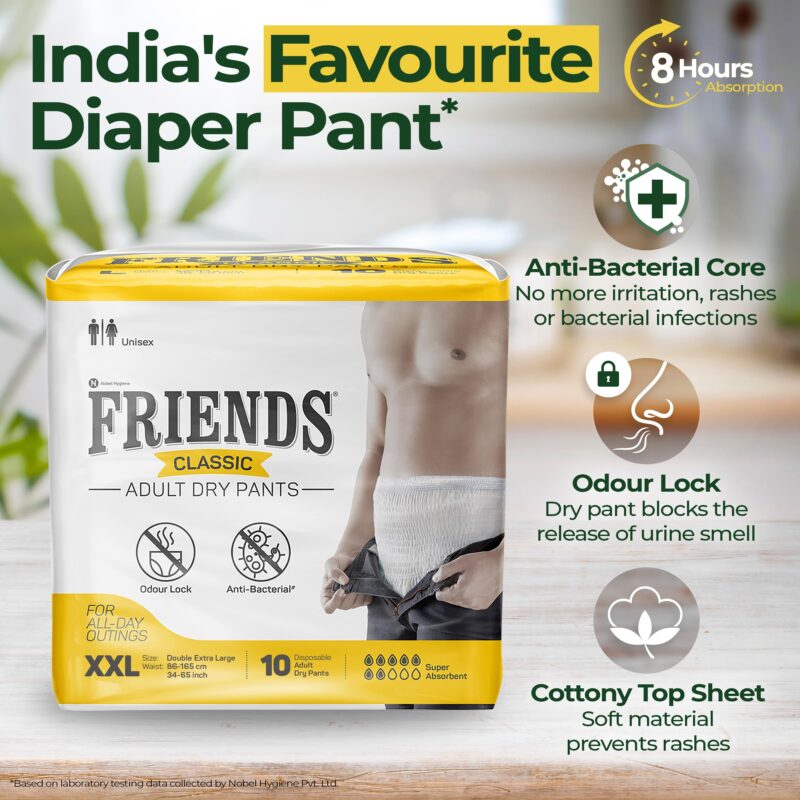 Friends Classic Adult Diapers Pants Style - 30 Count (Double Extra Large) with odour lock, Unisex, Leakproof, Elastic Waist and Anti-Bacterial Absorbent Core - Waist Size 34-65 Inch; 86-165 cm - Image 5