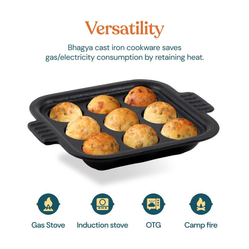 Bhagya Cast Iron Cookware Bhagya Cast Iron Paniyaram Pan/Unniyappam Chatty/Paddu Maker/Appam Pan Pre-Seasoned | Naturally Non-Sticky Cookware | Non Toxic - 9 Holes, Large - Image 8