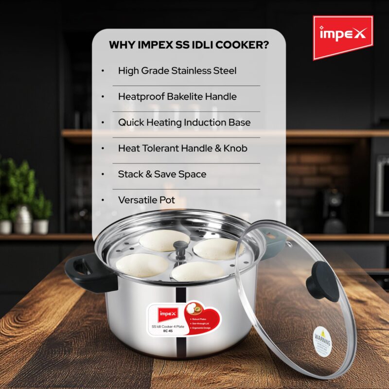 Impex Stainless Steel Idli Cooker With Glass Lid | Induction and Gas Stove Competable Idli Maker | 4.5L Idly Cooker with 4 Plates | 1 year Warranty - Image 2