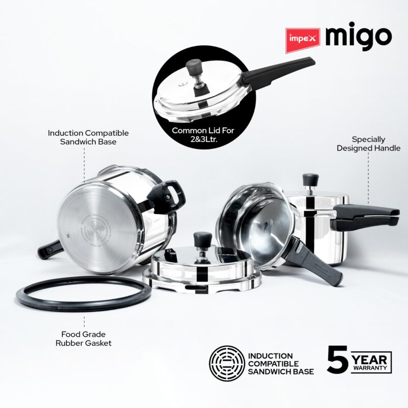 Impex Migo Stainless Steel Pressure Cooker With Outer Lid Induction and Gas Stove Compatible, 2, 3, 5 Litre Capacity for Healthy Cooking, with 5 Years Warranty - Image 6