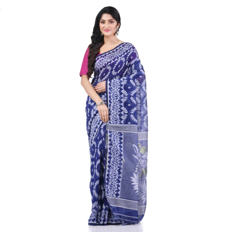 dB DESH BIDESH Women`s Resham Dhakai Jamdani Cotton Handloom Saree Rose Design Jamdani Saree (Blue White)