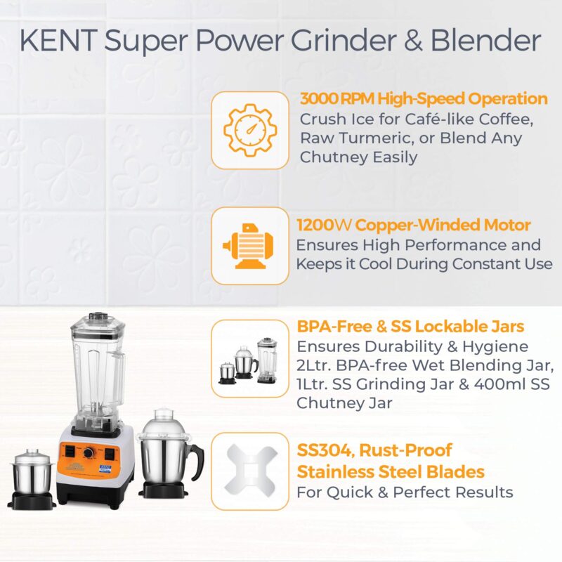 KENT 16083 Super Power Grinder & Blender 1200W| High-Speed Operation | BPA-Free and Stainless Steel Lockable Jars | Pulse Function & Speed Control - Image 5