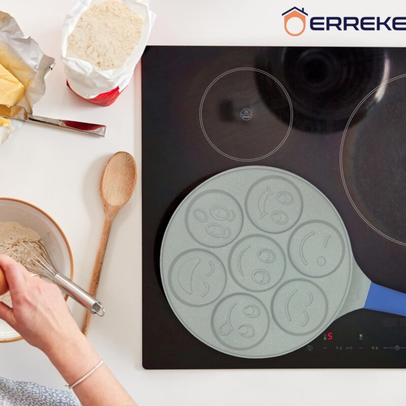 Erreke Nonstick Pancake Pan, 7 Smiley Face Pancake Griddle, Soft Touch Handle Fun Breakfast for Kids, 10.2 in Crepe Pan for Gas Stoves (Blue Color) - Image 3