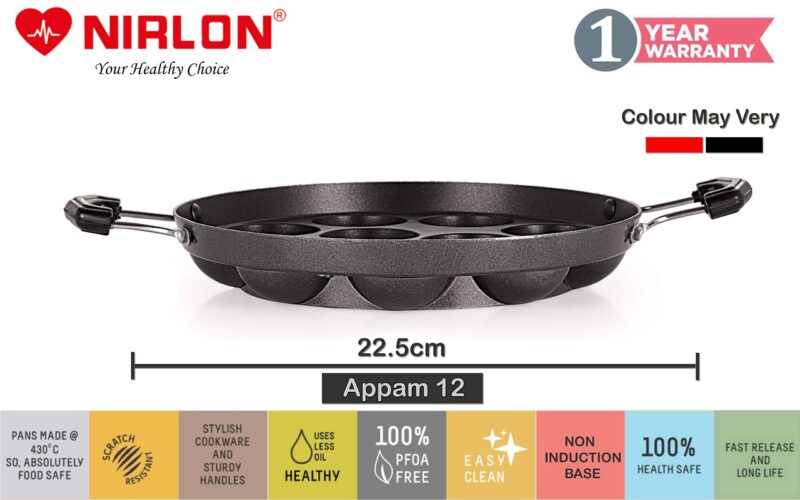 Nirlon Non-Stick Aluminium 12 Cavity Appam PatraPaniyarakkal | Paniyaram | Appam Pan | Pan Cake Maker | Ponganal Maker | Kuzhi Paniyaram | Paddu Tawa with 2 Side Handle[New_26mm_Classic_AP12_No_LID] - Image 4