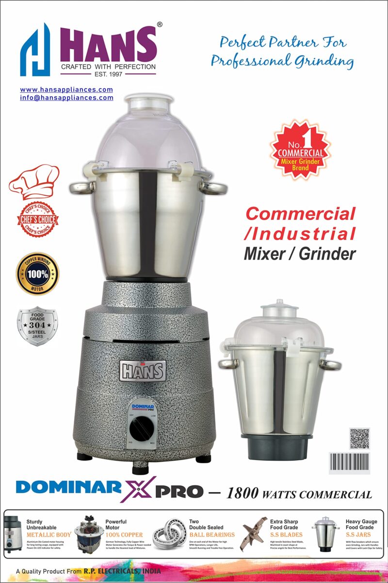 HANS Dominar X Pro 1800 Watts 2.5 HP Commercial Mixer Grinder With 2 Jar Heavy Duty Black Grey - Image 6