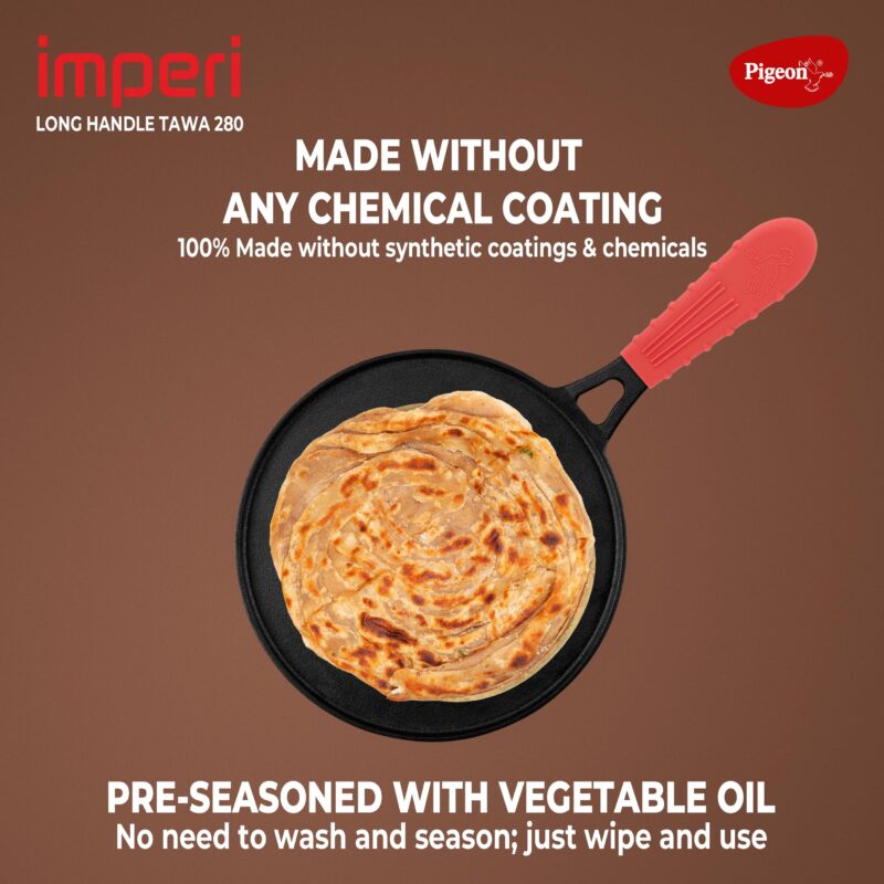 Pigeon by Stovekraft Pre-Seasoned Cast Iron Tawa 28 cm | Pre-Seasoned with 100% Vegetable Oil | Naturally Nonstick | High Pressure Casting | High Strength | Bring Back Nostalgic Taste | Toxin-Free - Image 4