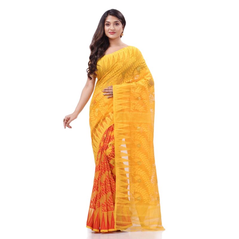 dB DESH BIDESH Women`s Traditional Tamarind Leaf Resham Dhakai Jamdani Pure Cotton Handloom Saree without Blouse Piece (Yellow Red) - Image 2