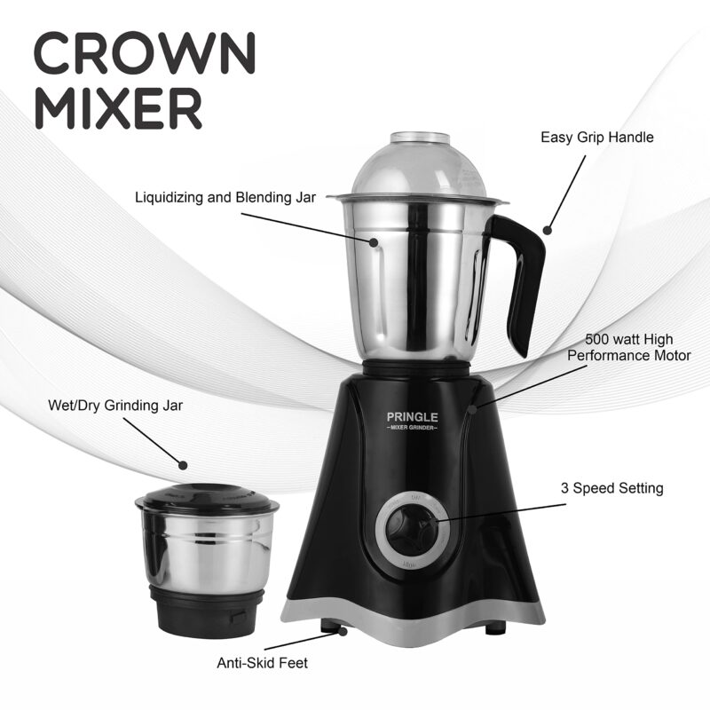 Pringle 2 Jar Mixer Grinder| 500W Powerful Motor | [ISI] Certified | 304 Grade SS Blade| 2 SS Jars Liquidizing Jar (1 Litres) Chutney Jar (0.4 Litres)3 Speed Options with Whip (1 Year Warranty) - Image 5