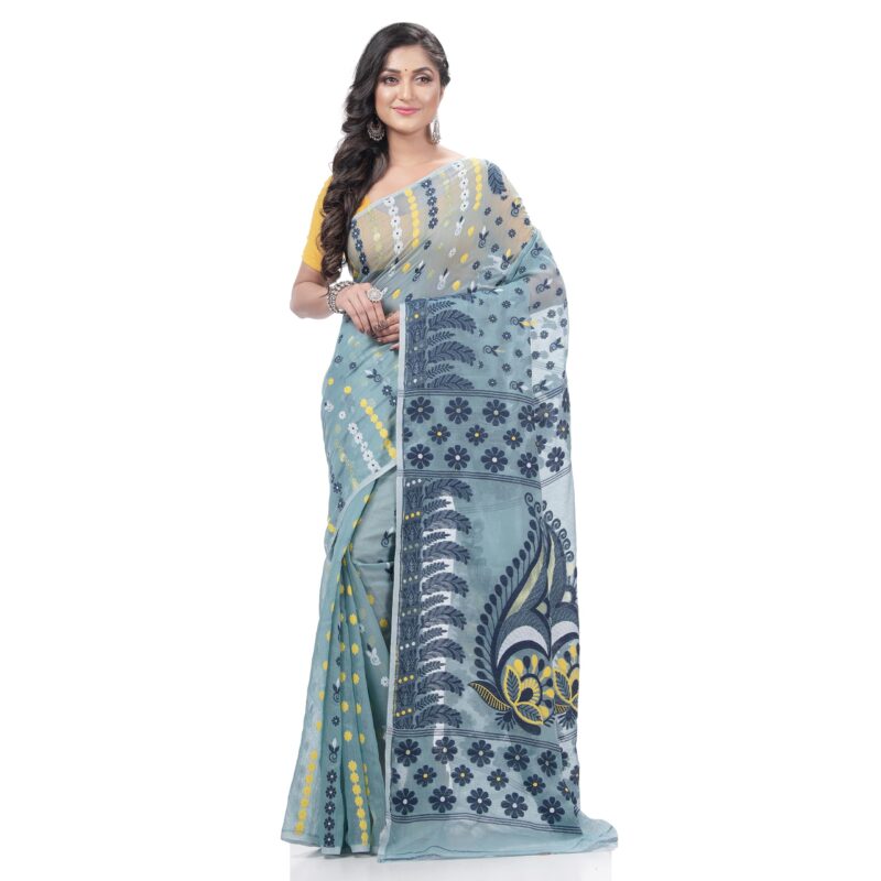 dB DESH BIDESH Women`s Resham Dhakai Jamdani Pure Cotton Handloom Saree Lojjaboti Design without Blouse Piece (Firoza Blue) - Image 4