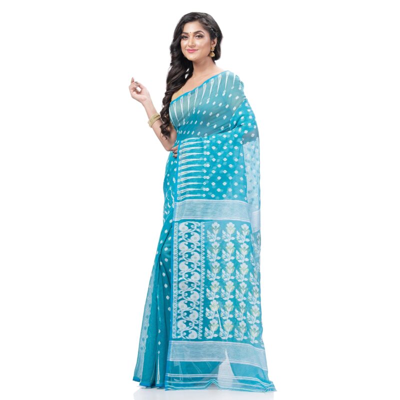 dB DESH BIDESH Women`s Resham Dhakai Jamdani Bengal Pure Cotton Handloom Saree Diamond Queen Design (Blue) - Image 5