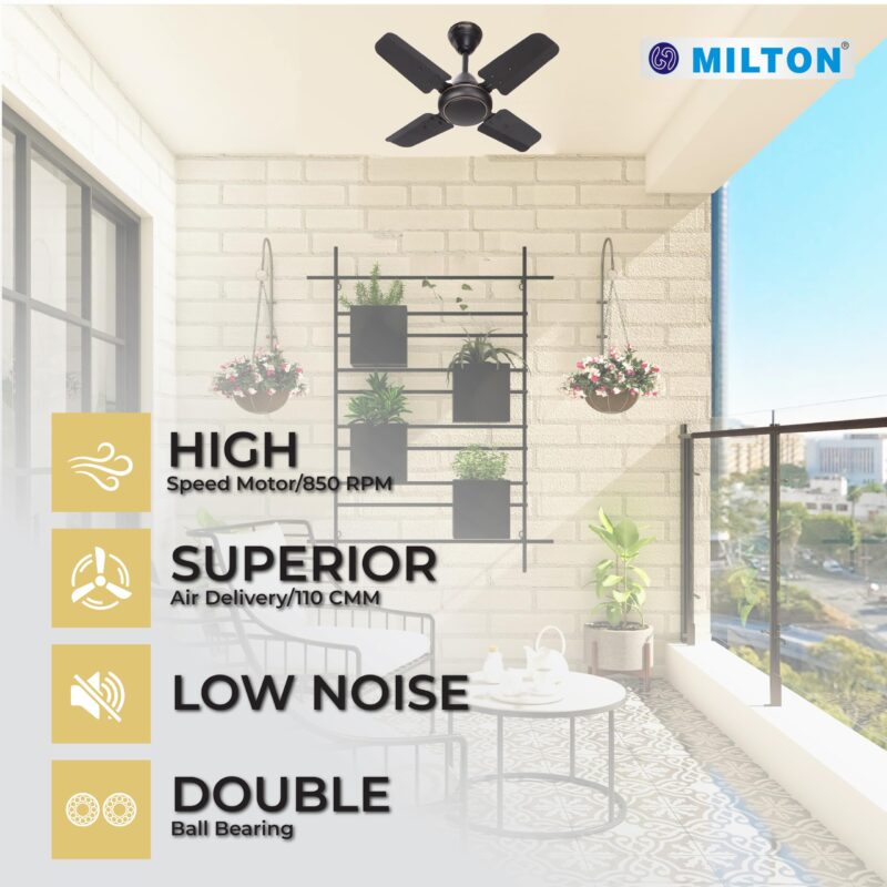 MILTON Brezza 600 mm Ceiling Fans For Home | Energy Efficient Motor | High Air Delivery 600mm Ceiling Fan | 24 Inch High Speed Fan Ceiling | 2 Years + 6 Months Warranty | Metallic Black, 4 stars - Image 4
