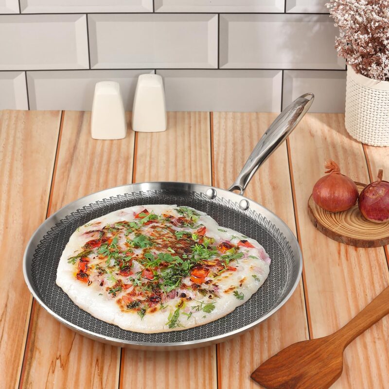 Vinod SAS Pro Platinum Triply Stainless Steel Dosa Tawa - 31 cm | 4.0 mm Thick | Hexa Design | Metal Spoon Friendly | Riveted Handle | Gas, Induction Base | 5-Year Warranty - Image 8