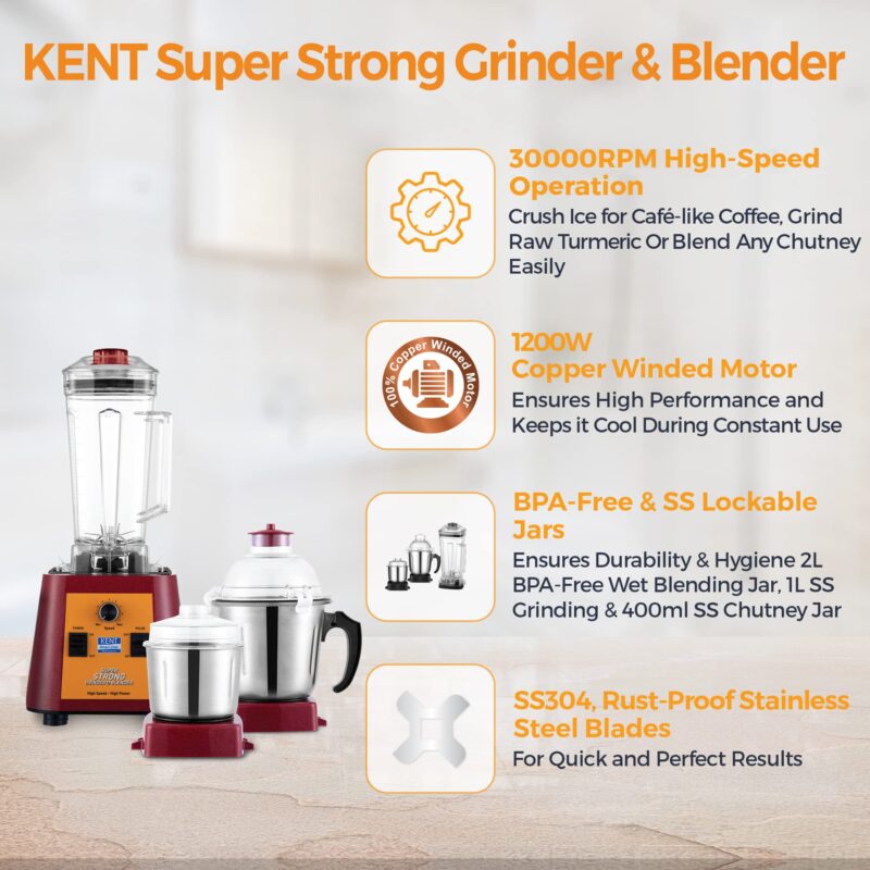 KENT Stainless Steel Super Strong Grinder&Blender|30,000 Rpm Electronic Variables Speed Control|Spill-Proof Lids With Jars|Overheating&Overcurrent Protection|Lockable Jar|Speed Control Switch - Image 3
