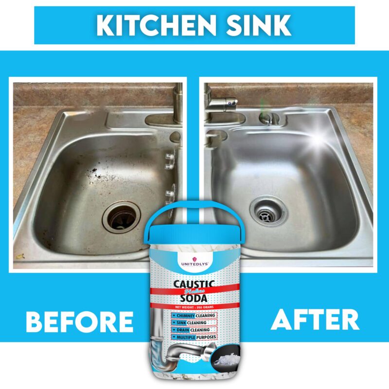 Unitedlys® Caustic Soda Drainage Block Remover 350G | Fast-Acting, Non-Toxic & Odorless Drain Cleaner Powder | Caustic Soda for Drain Cleaning | Sink Cleaner, Drain Pipe Cleaner & Drainage Cleaner - Image 3