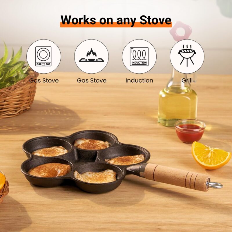 HomeEssentials Cast Iron Egg Pan - 6 Hole Nonstick Skillet with Wood Handle | Omelette Pan | Mini Uttapam Pan | Appam Patra | Litti Maker | Nonstick Pan for Eggs,Dumplings | Egg Frying Pan | 42 cm - Image 7