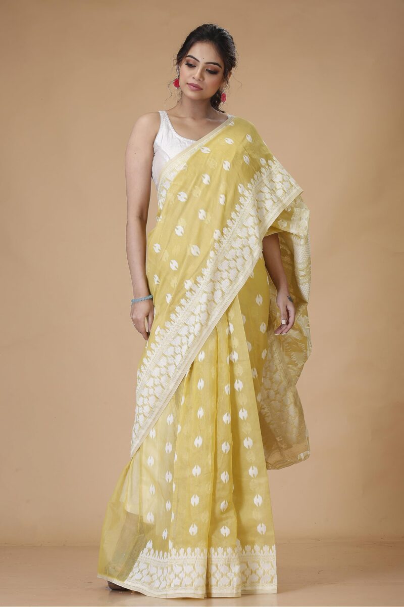 Oishani Saree Ghor Women's Traditional Bengal Cotton & Silk Soft Jamdani Saree - Beautiful Pallu Design Work - 5.5 metres Saree Without Blouse Piece_Pale Yellow - Image 5