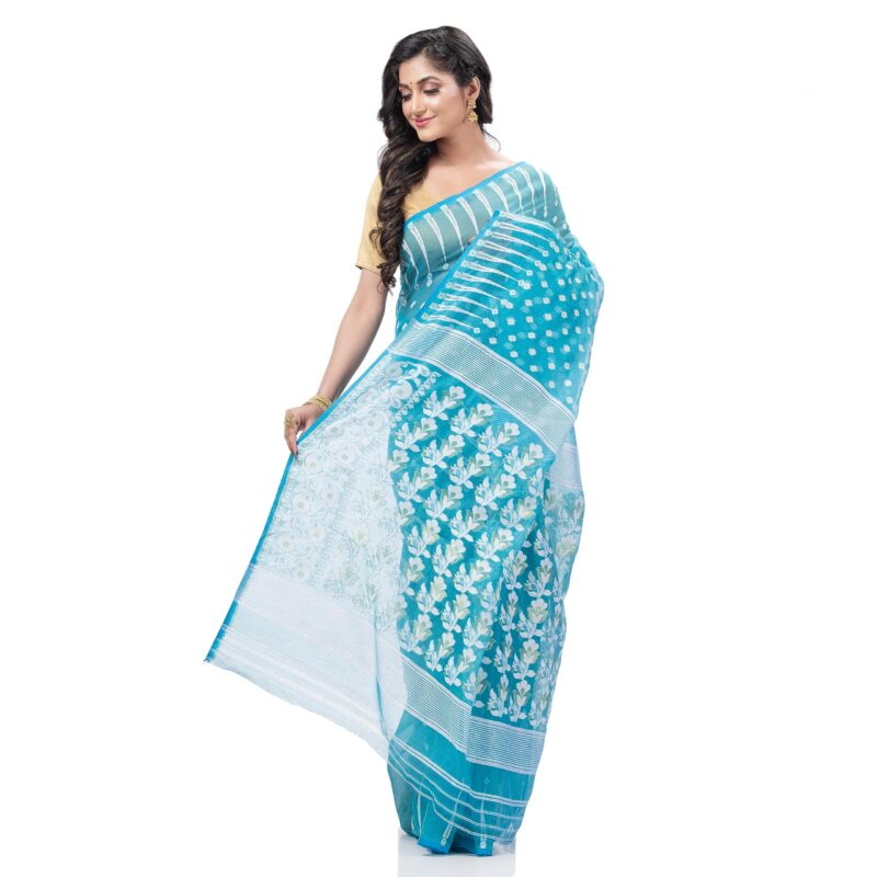 dB DESH BIDESH Women`s Resham Dhakai Jamdani Bengal Pure Cotton Handloom Saree Diamond Queen Design (Blue) - Image 3