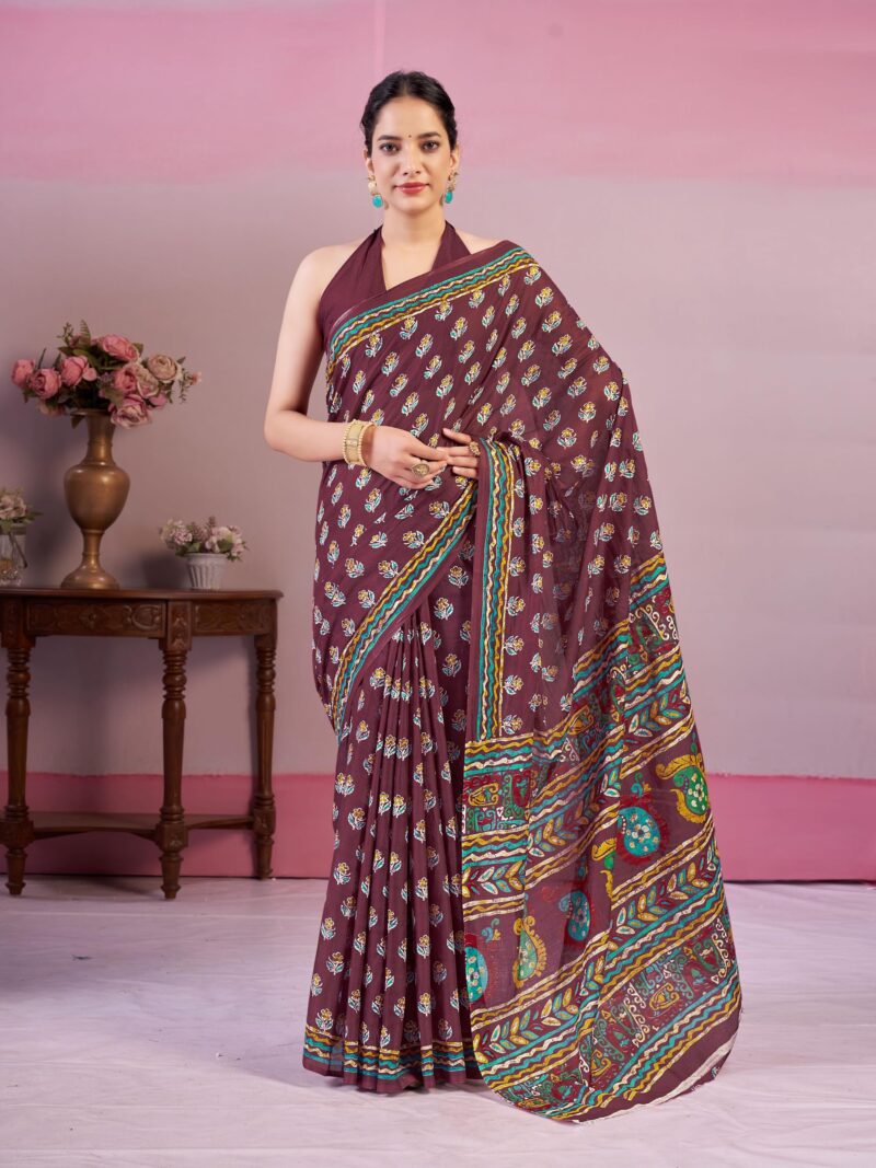 Garden Vareli Floral Print Pure Cotton Saree with Unstitched Blouse Piece 88436 - Image 4