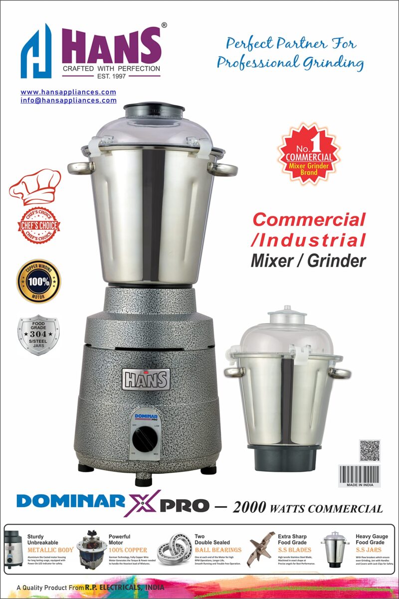HANS Dominar X Pro 2000 Watts 2.8 HP Commercial Mixer Grinder With 2 Jar Heavy Duty Black Grey - Image 6