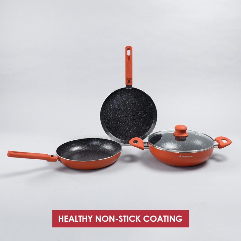 Power Non-Stick Cookware 4 pc Set | Kadhai with Glass Lid 2.6L, Dosa Tawa 25cm, Fry Pan 24cm | Induction Bottom | Soft Touch Handles | Pure Grade Aluminium | PFOA Free | 2 Year Warranty | Orange - Image 2