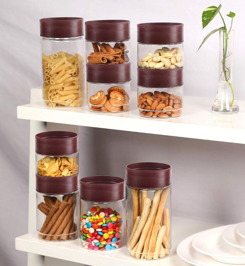 Maroon|Modustack PET Container, Set of 9, Assorted Size / 500ml x 5 + 750ml x 2 + 1000ml x 2