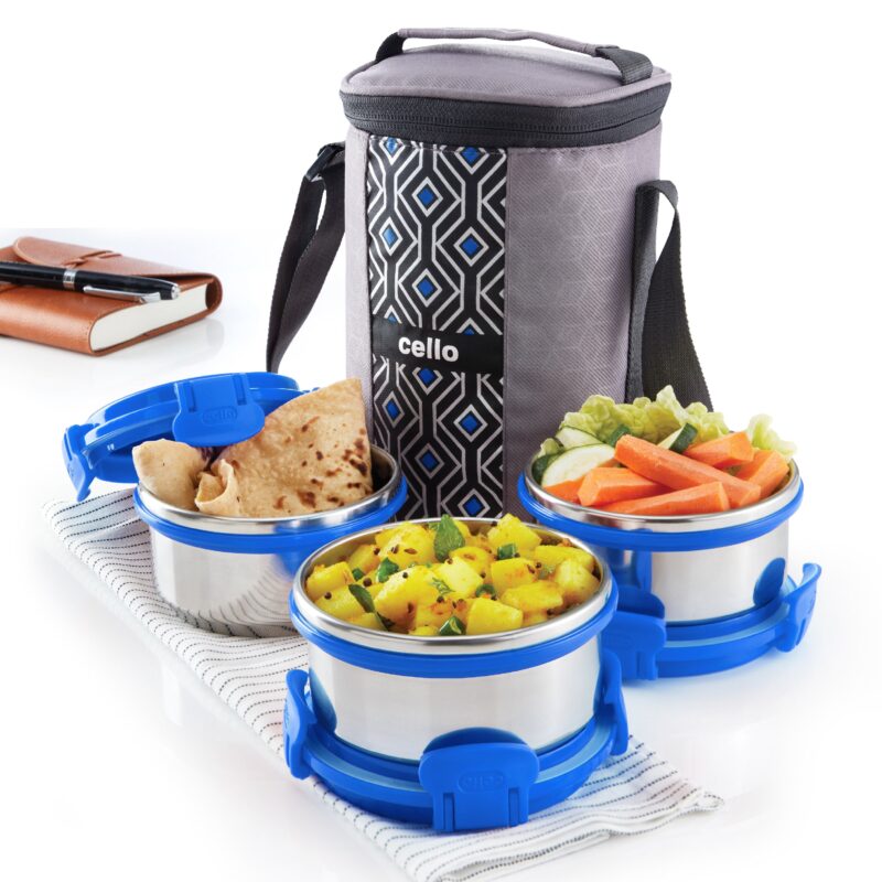 Blue|MF Ultra Stainless Steel Lunch Box with Jacket, Set of 3 / 3 Piece