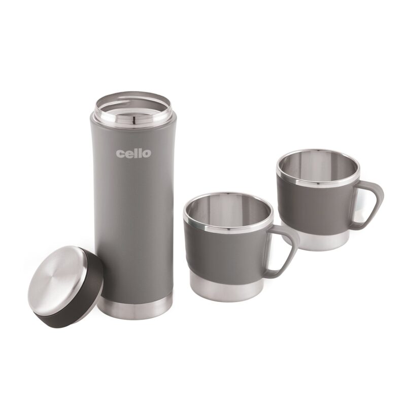 Grey|My Cup Vacusteel Flask with Mugs Gift Set, 3 Pieces / 3 Pieces