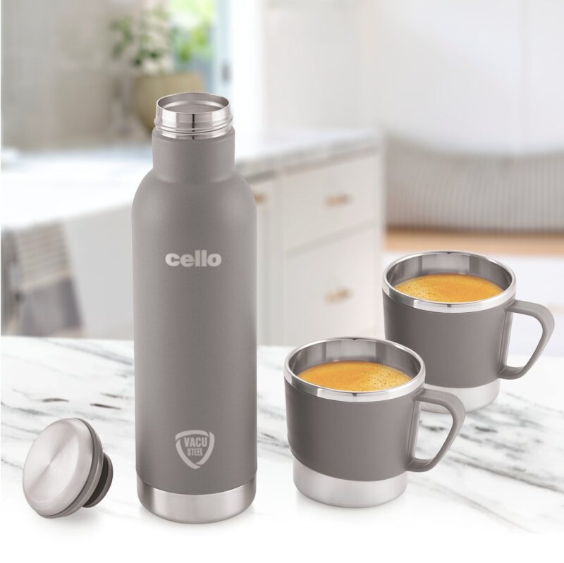 Grey|Cheer-Up Vacusteel Flask with Mugs Gift Set, 3 Pieces / 3 Pieces
