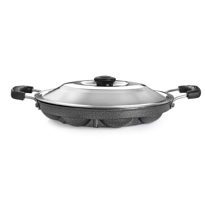 Non-Stick 12 Cavity Appam Patra 2 Side Handle with Stainless Steel Lid - Image 3