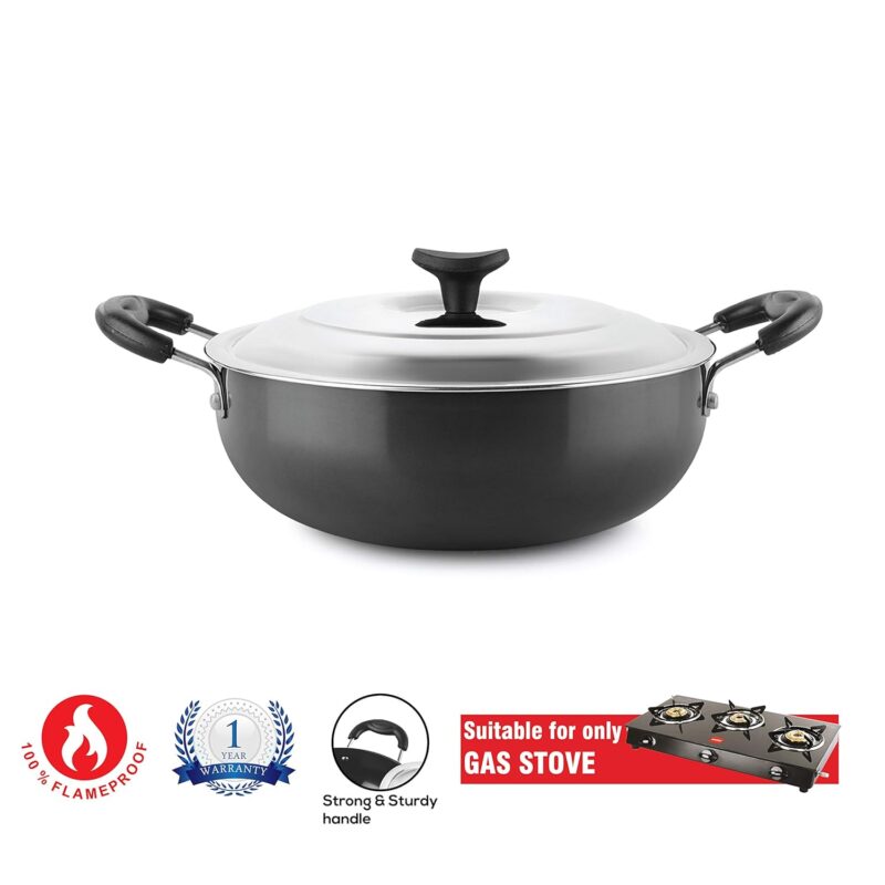 Classy Hard Anodised Kadhai with Lid, 2.5 Litres, Gas Stove Compatible - Image 6