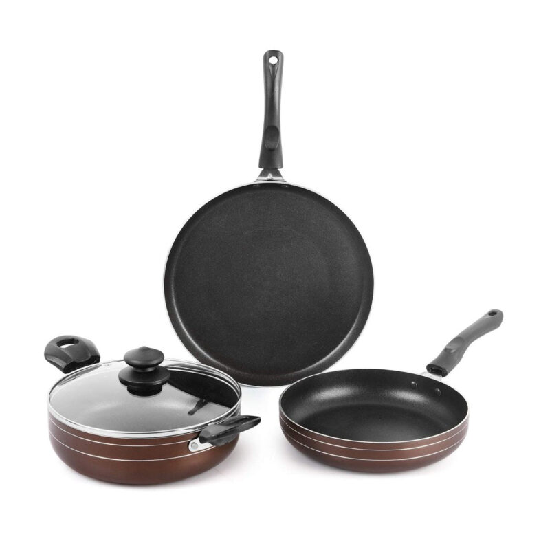 Brown|Non-Stick Prima Induction Base Cookware Set, 3 Pieces