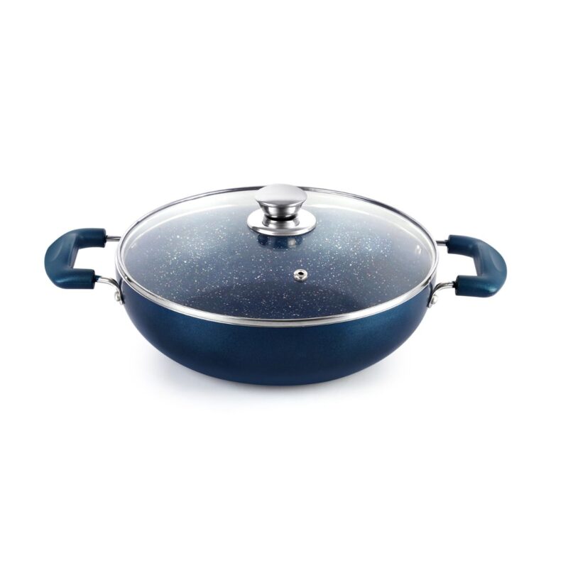 Blue|Oxford Non-Stick Induction Base Kadhai with Glass Lid, 3 Litres / 2.5 Litres