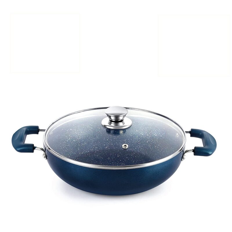 Blue|Oxford Induction Base Kadhai With Glass Lid / 24cm