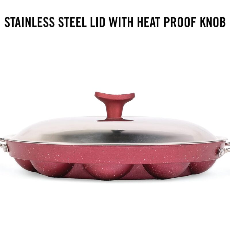 Non-Stick Crown 12 Cavity Appam Patra, Maroon - Image 12