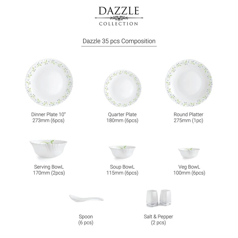 Dazzle Series 35 Pieces Opalware Dinner Set for Family of 6 - Image 26