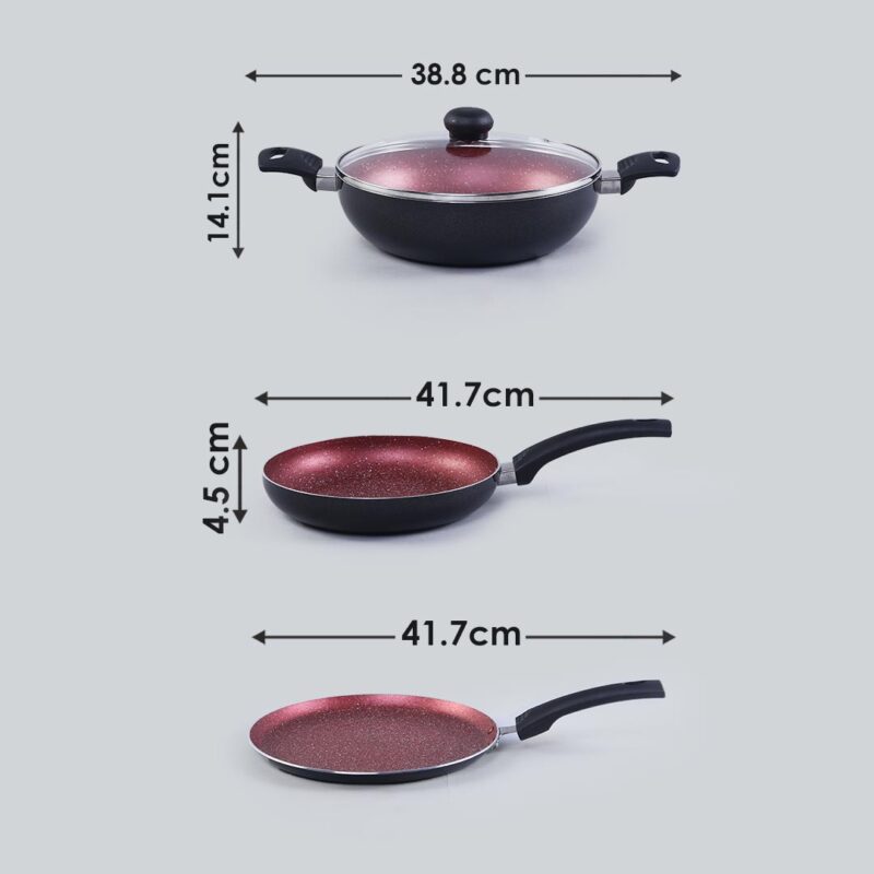 Sigma Non-stick Cookware Set, 4Pc (Kadhai with Lid, Dosa Tawa, Fry Pan), Induction Bottom, Cool Touch Bakelite Handles, Virgin Aluminium, PFOA Free, 2 Years Warranty, Red and Black - Image 7