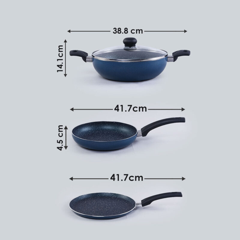 Sigma Non-stick Cookware Set, 4Pc (Kadhai with Lid, Dosa Tawa, Fry Pan), Induction Bottom, Cool Touch Bakelite Handles, Virgin Aluminium, PFOA Free, 2 Years Warranty, Midnight Blue - Image 7
