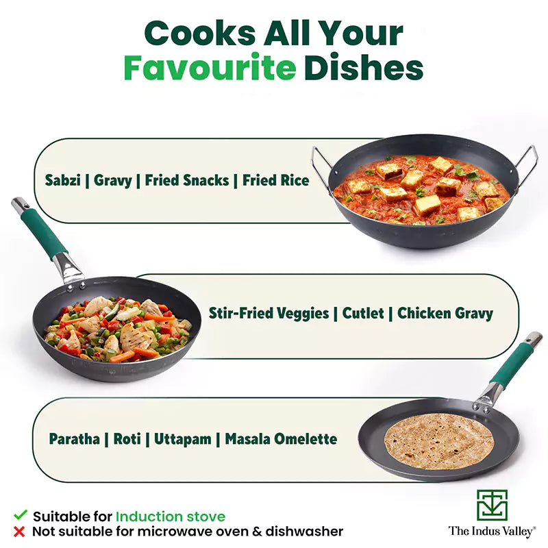 100% Pure Iron Cookware Set: Tawa 26 cm + Fry Pan 25 cm + Kadai 25 cm, Toxin-free Sheet Iron, Pre-seasoned, Kitchen Set for Home - Image 3