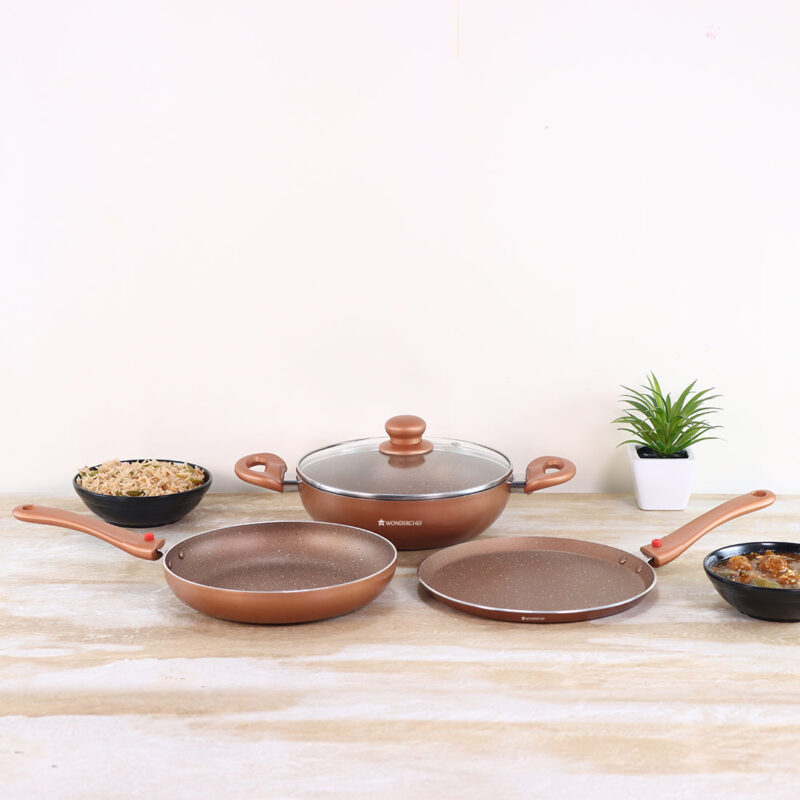 Ruby Plus 24 cm Cookware Set Bronze, Kadhai with Lid, Fry Pan, Dosa Tawa, Non-stick set of 4, Induction use, Tempered Glass Lid, - Image 7