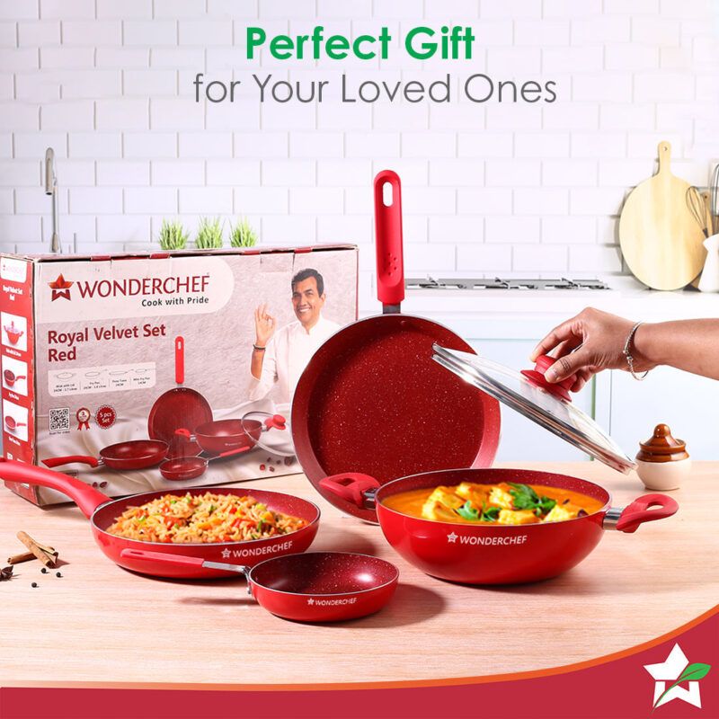 Royal Velvet Non-stick Cookware Set, 5Pc (Fry Pan with Lid, Wok, Dosa Tawa, Mini Fry Pan) Induction bottom, Soft-touch handles, Virgin Grade Aluminium, PFOA/Heavy Metals Free, 3 mm, 2 Years Warranty, Red - Image 7
