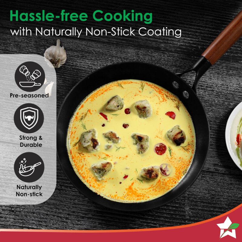 Wonderchef Pre-Seasoned Ferro Light 24cm Cast Iron Fry Pan | 1.4L | Acacia Wooden Handles | Gravity Moulding Technology | No Chemical Coating |10 Year Warranty - Image 6