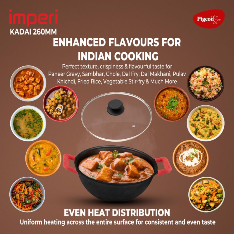 Pigeon by Stovekraft Cast Iron Kadai with Glass Lid | Medium, 26 cm | Naturally Nonstick | Pre-Seasoned Kadhai with 100% vegetable oil | Toxin-Free | High Pressure Casting | Bring Back Nostalgic Taste - Image 6